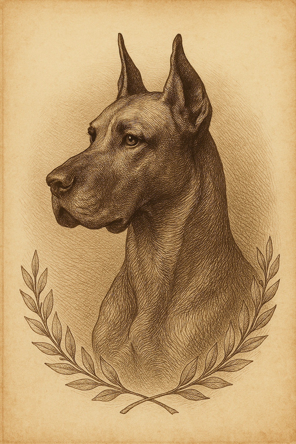 Engraved portrait of a Great Dane, in the manner of a 19th-century natural-history plate